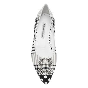Manolo Blahnik Hangisi Flat Black Patches Jewel Buckle Classic Ballet  37.5